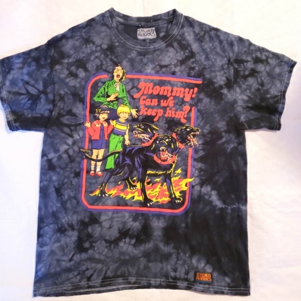 Steven Rhodes Dark Humour graphic Tshirt "Mommy! Can we keep him?"